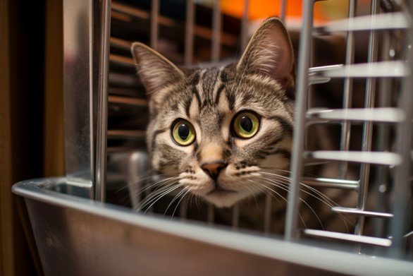 a cat is looking in an open window