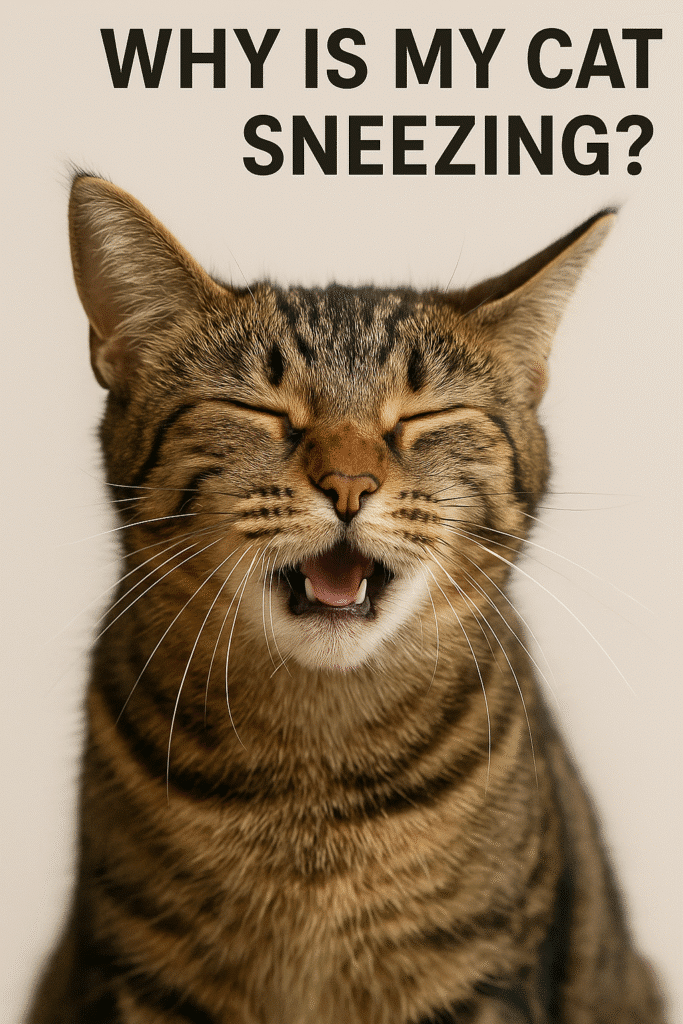 A close-up of a tabby cat mid-sneeze with eyes closed and mouth open, set against a beige background with the text 'Why Is My Cat Sneezing?' at the top.