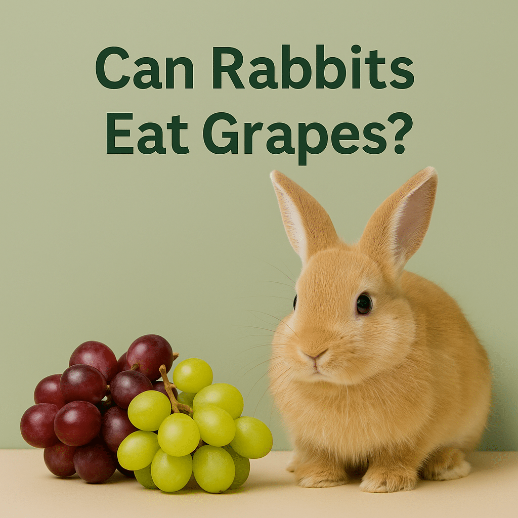 Light brown rabbit sitting beside green and red grape bunches with the text “Can Rabbits Eat Grapes?” on a pale green background..