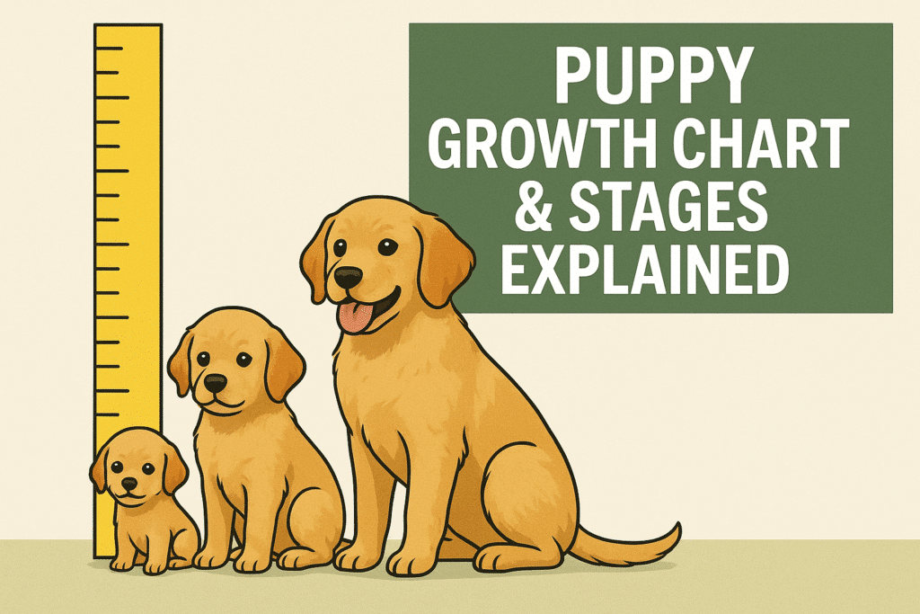 A 2D illustration shows three golden retriever puppies in different growth stages, sitting beside a yellow height chart with the text “Puppy Growth Chart & Stages Explained” on the right.