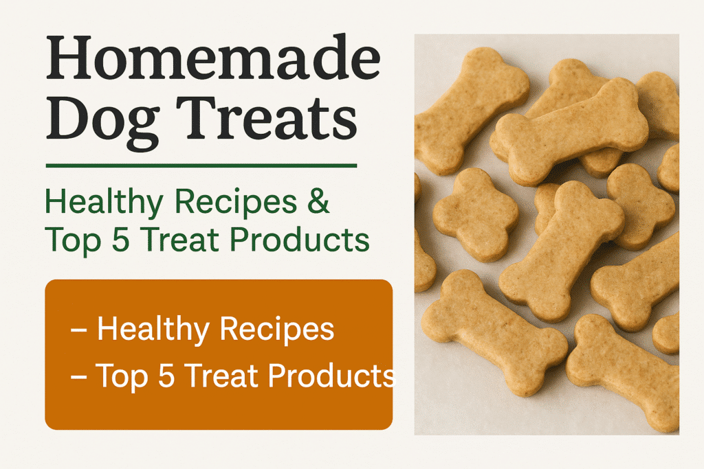 A promotional image for "Homemade Dog Treats: Healthy Recipes & Top 5 Treat Products," showing bone-shaped baked dog treats on parchment paper with bold text highlighting healthy recipes and recommended products.
