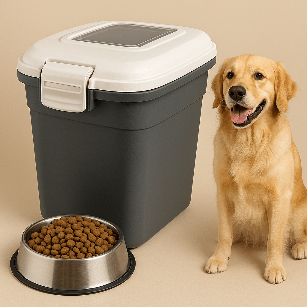 Airtight dog food container placed on a kitchen counter, filled with dry kibble, featuring a secure locking lid and scoop for easy pet feeding and storage.