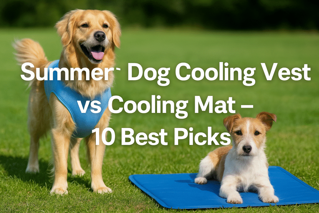 A golden retriever wearing a light blue cooling vest stands on green grass beside a small terrier lying on a matching blue cooling mat, with bold white text reading "Summer Dog Cooling Vest vs Cooling Mat – 10 Best Picks" across the image.
