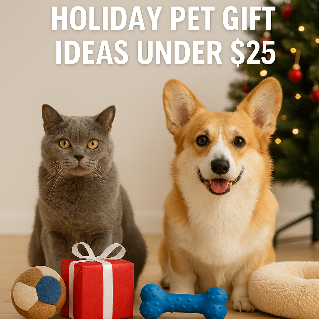 A festive scene with a gray short-haired cat and a tan-and-white Corgi sitting on a hardwood floor beside pet toys and a wrapped gift, with a decorated Christmas tree in the background and the text “Holiday Pet Gift Ideas Under $25” above.