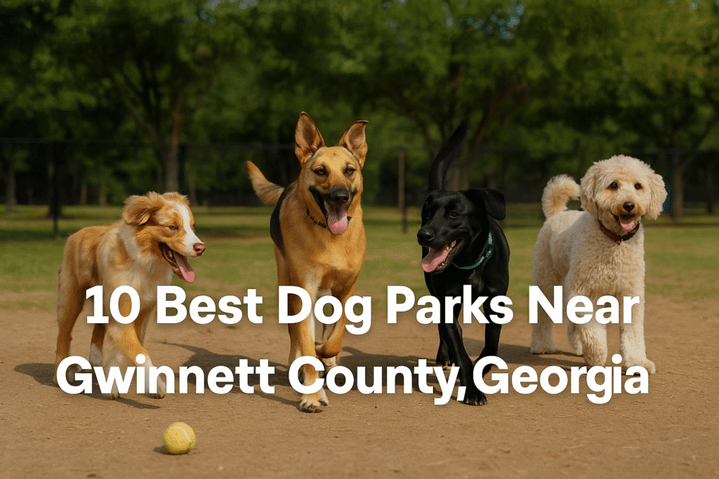 Four happy dogs of different breeds run together in a sunny, tree-lined dog park, with bold white text reading "10 Best Dog Parks Near Gwinnett County, Georgia" over the image.
