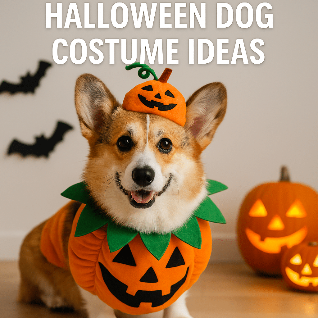 A happy Pembroke Welsh Corgi dressed in a pumpkin Halloween costume with a jack-o’-lantern hat, sitting indoors next to carved pumpkins and decorative bats, with the text “Halloween Dog Costume Ideas” above.
