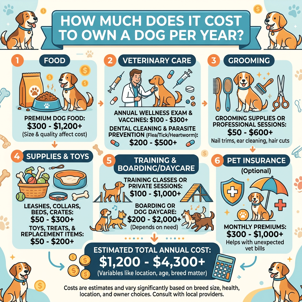 Infographic estimating annual dog ownership costs from $1,200 to $4,300+