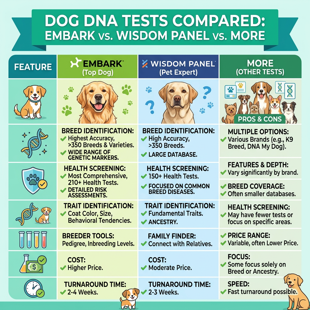 Comparison chart of Embark, Wisdom Panel, and other dog DNA tests